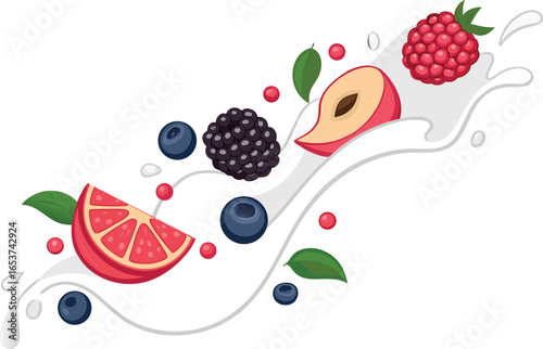 Ripe Berries and Fruit Slices in Creamy Splash berry milk