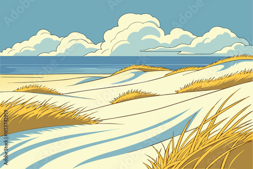 Stylized beach dunes with golden grass and blue ocean under cloudy sky sand