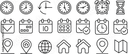 Vector collection of time, calendar, location, and home icons for navigation, scheduling, mapping, and smart home interface design projects