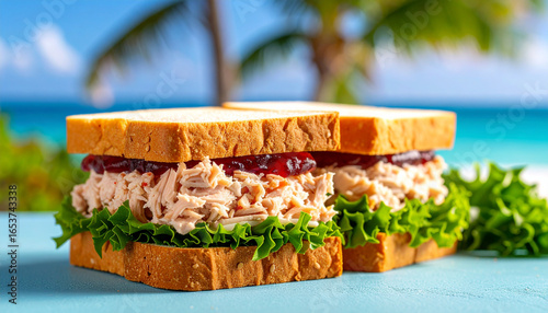 Fototapeta Naklejka Na Ścianę i Meble -  Tropical Turkey Cranberry Sandwiches: Beachside Gourmet Delight