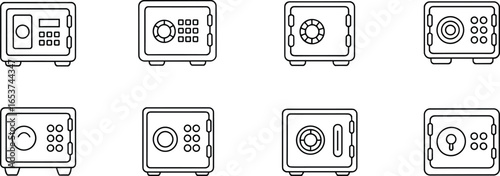Security safe icons set, strongbox protection symbols, vault lock design, money safety storage, secure deposit box, password access illustration, finance safety