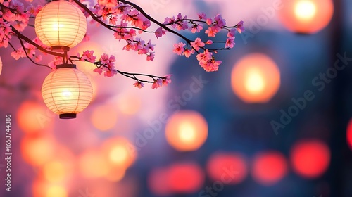 Glowing japanese lanterns under cherry blossoms at dusk