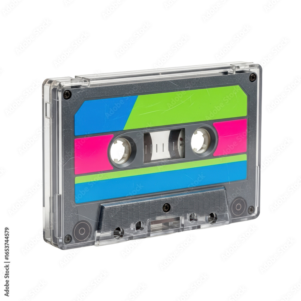 Obraz premium A vintage audio cassette tape featuring a clear plastic casing and a vibrant neon green, pink, and blue label, evoking 80s and 90s nostalgia.
