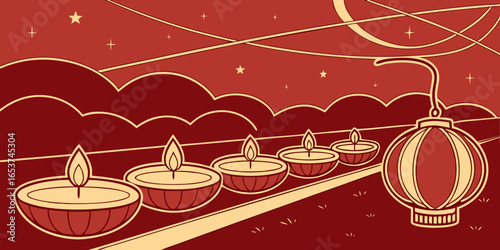 Radiant Diwali festival background with rows of diyas and dreamy Booker dark  backdrop vector illustration.