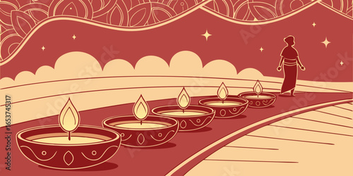 Radiant Diwali festival background with rows of diyas and dreamy Booker dark  backdrop vector illustration.