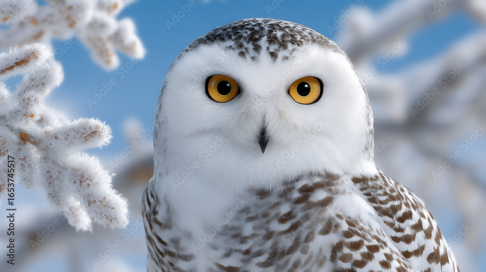 Fototapeta premium serene photograph of a majestic white owl with piercing yellow eyes perched on a snowy branch,