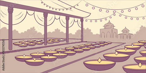 Radiant Diwali festival background with rows of diyas and dreamy Booker vector illustration.