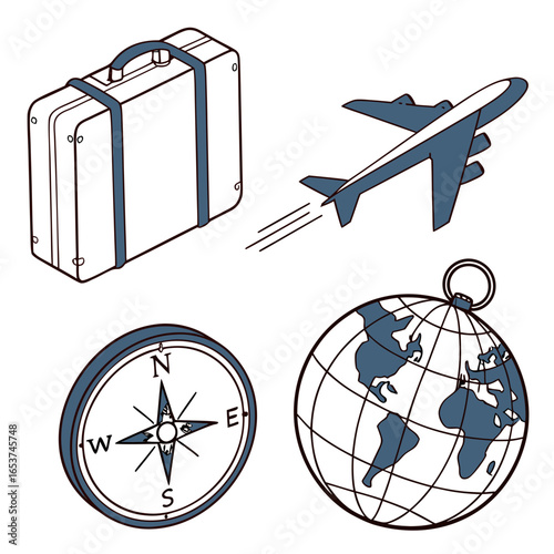 Travel symbols icon set with luggage, plane, compass and globe.