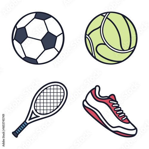 Sports equipment including a soccer ball, tennis ball, racket and running shoe 