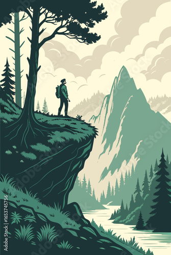 Adventurous hiker admiring the view on top of mountain peak 