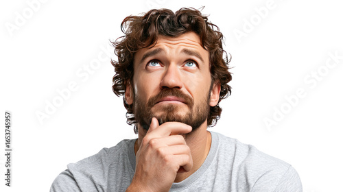 Introspective Thought: A thoughtful individual, immersed in contemplation, gazes upward, hand resting on chin in a moment of deep reflection.