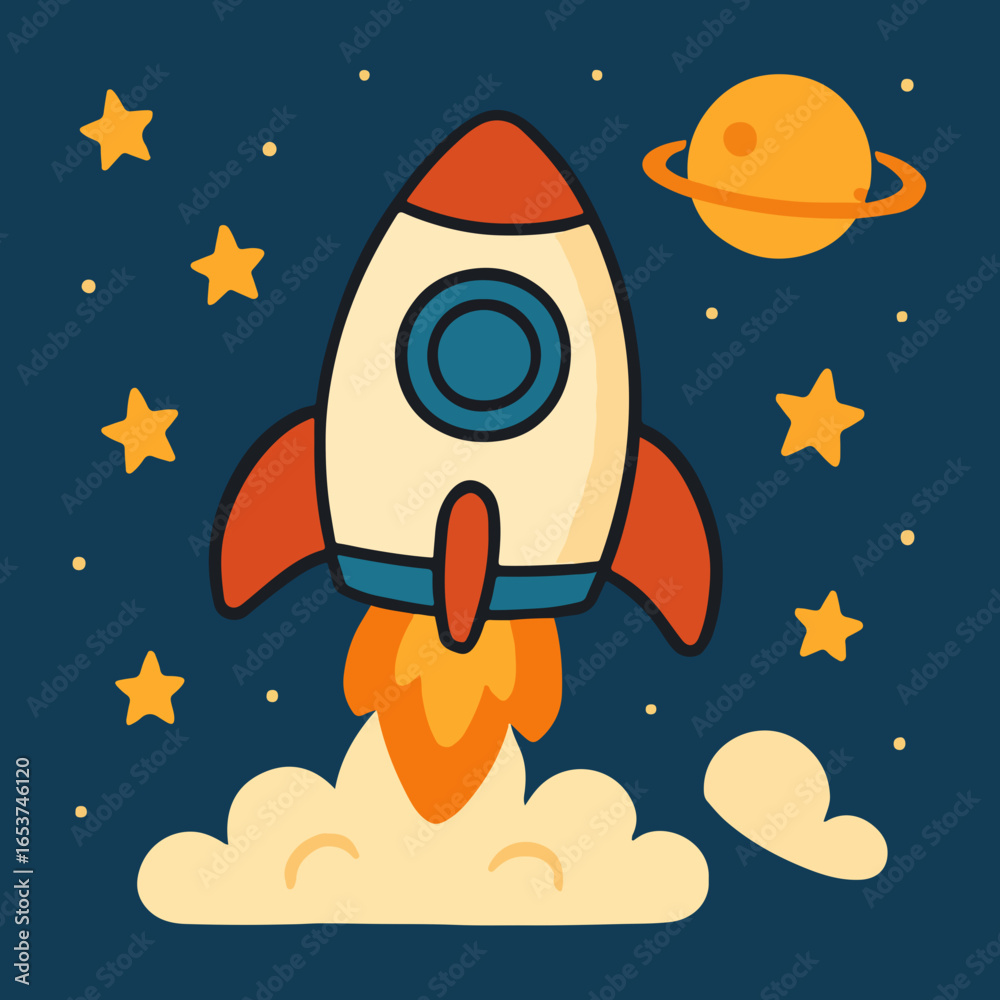 Fototapeta premium Cartoon Rocket Flying Through Space with Stars and Planets in Background