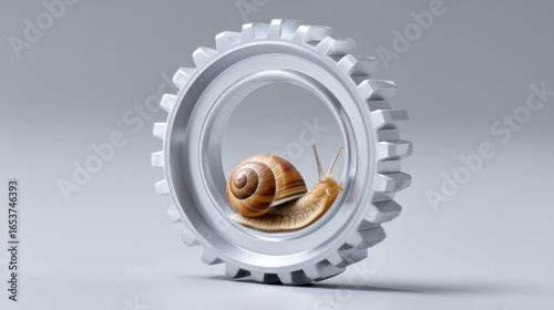 A small robotic snail moving on a wheel, against the background of a large, heavy wheel - a metaphor for gradual movement towards success, innovative solutions 