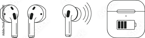Wireless earbuds icons set, Bluetooth earphones outline, audio technology, sound music device, charging case battery, portable gadget, modern accessory