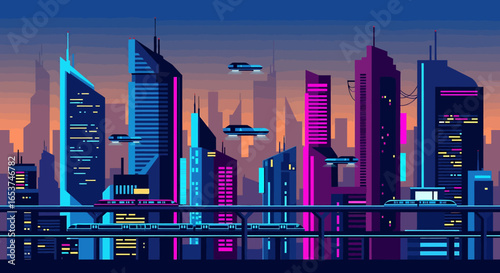 Stylized Flat Colorful Cyberpunk Metropolis Cityscape Scenery with Futuristic Transportation Illustration