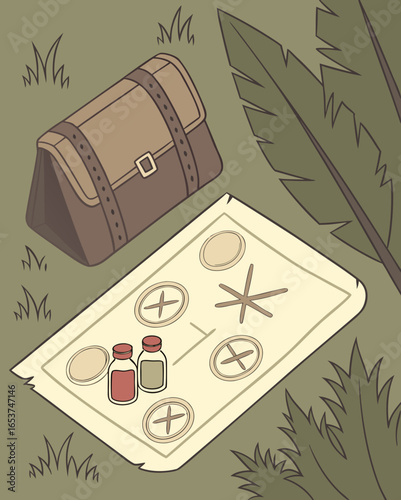 A vintage map and medicine kit placed on the ground amidst jungle vegetation 
