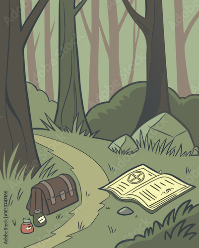 Path to adventure: a mysterious book and bag in the forest.