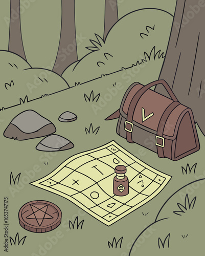 Lost treasure map, compass, and vintage bag in the forest floor