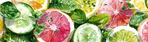 A vibrant watercolor illustration featuring various citrus fruits and fresh mint leaves, showcasing a colorful, refreshing composition.