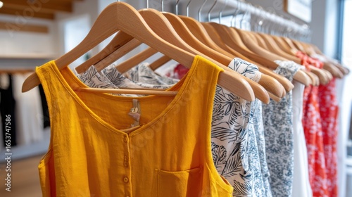 Assortment of summer sundresses on hangers in a small concept store, warm lighting, slightly overhead view, natural fabrics 