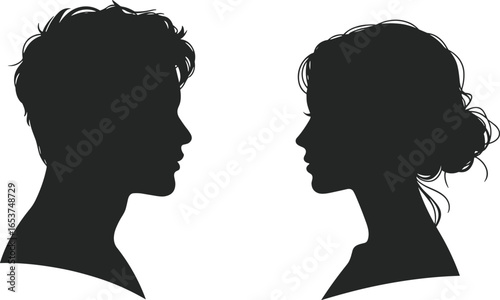 Silhouette profiles of two people facing each other, short messy hair, bun hairstyle, human connection concept, portrait design, hairstyle diversity illustration