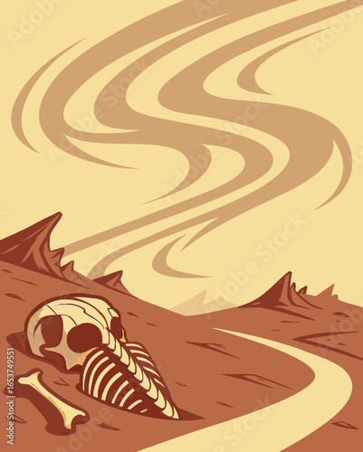 Desert landscape scene with skull and bone illustration