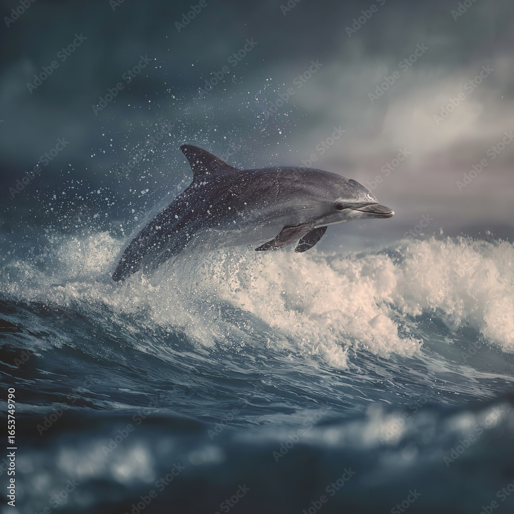 Fototapeta premium Majestic dolphin leaps powerfully from a stormy ocean wave, showcasing its grace and freedom.