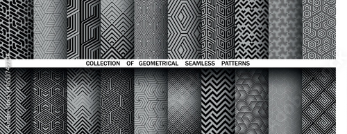 Geometric set of seamless black and gray patterns. Simple vector graphics