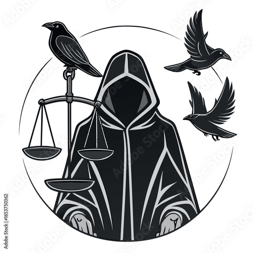 Grim reaper cloaked figure poses with justice scales and raven birds on transparent background