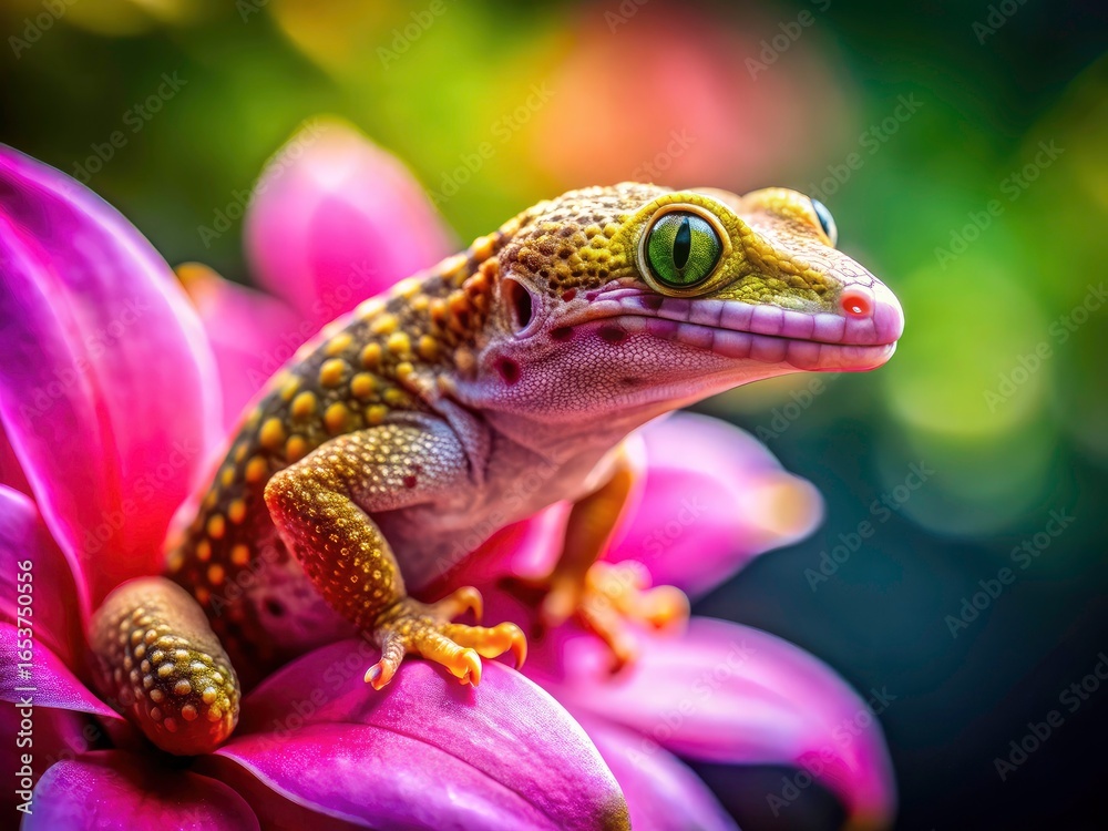 Obraz premium Pink flower gecko: a macro study of nature's exquisite detail. Reptile, floral, exotic beauty.