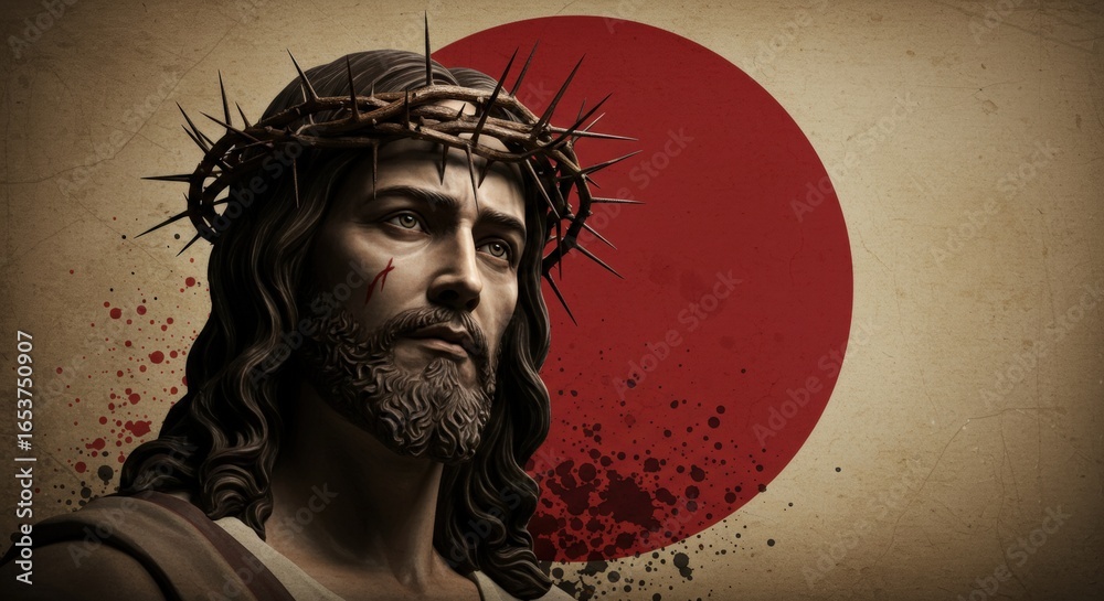 Fototapeta premium Religious Jesus Christ Portrait with Crown of Thorns and Red Circle Background
