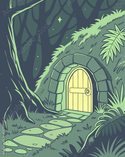 Whimsical illustration of a mysterious door to a hidden place