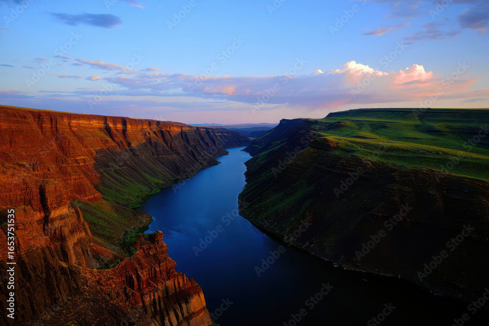 Fototapeta premium Majestic river carving through dramatic canyon landscape at dusk