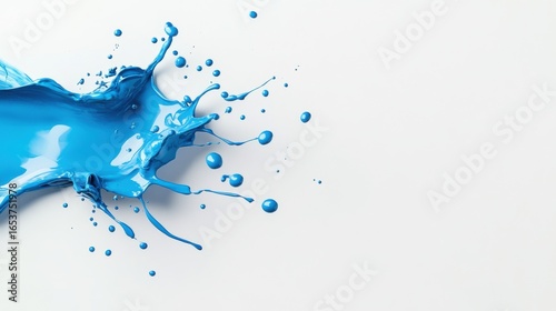 Vibrant splash of blue paint creates energetic and dynamic visual effect, showcasing fluidity and creativity of artistic expression. bright color contrasts beautifully against clean white