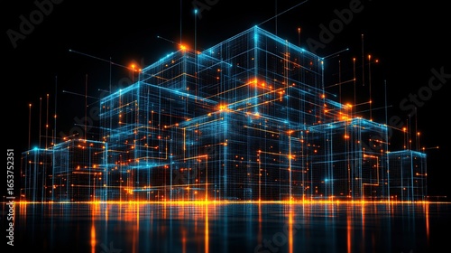 Wallpaper Mural Abstract building structure made of glowing lines on a dark reflective surface. Torontodigital.ca