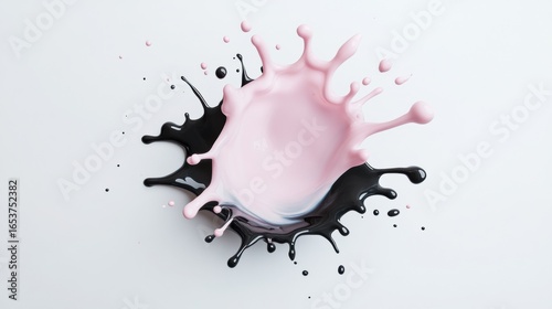 Vibrant splash of pink and black paint creates eye catching visual effect, showcasing dynamic interaction between colors. fluid motion captures sense of creativity and artistic expression