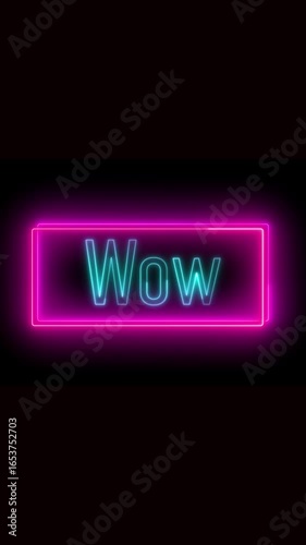 Animated neon wow sign in a purple square on a black background design. Wow text glowing vibrantly in purple on rectangular frame for vertical video content. Glowing purple Wow text.