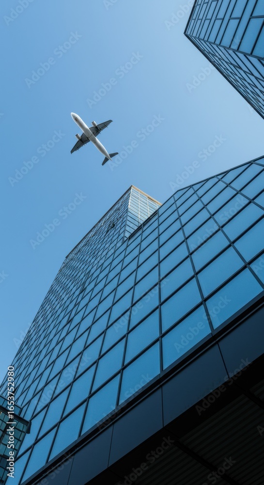 Fototapeta premium Airplane Reflection on Skyscraper