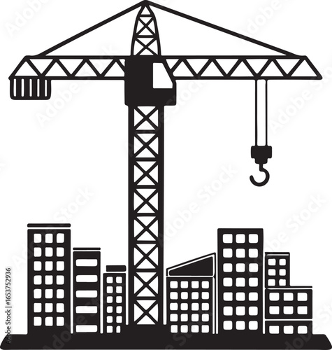 Silhouette of a tall construction crane towering over a city skyline filled with various buildings representing urban development and progress