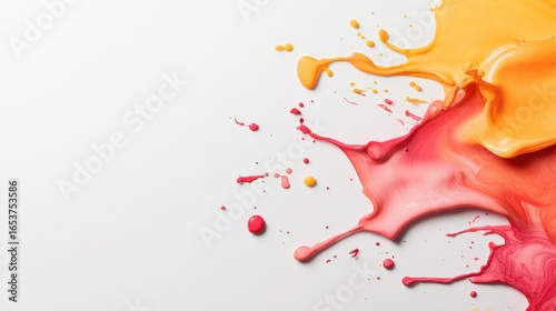 Colorful splashes of orange, pink, and red paint create vibrant and dynamic composition on white background, evoking creativity and artistic expression