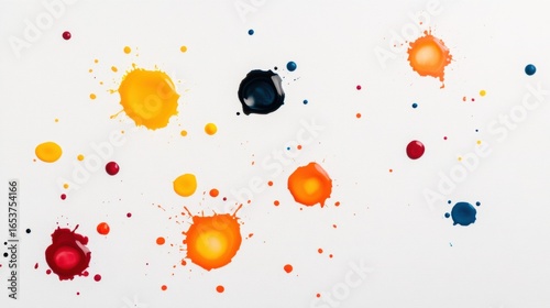 Colorful paint splashes create vibrant and dynamic composition white background, showcasing variety of hues including yellow, orange, red, blue, and black. energetic arrangement evokes creativity