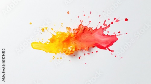 Bright splashes of red and yellow paint create vibrant and dynamic visual effect on white background, evoking feelings of creativity and energy