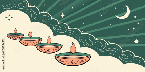 Radiant Diwali festival background with rows of diyas and dreamy Booker dark green  backdrop.