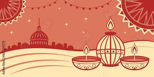 Radiant Diwali festival background with rows of diyas and dreamy Booker dark red backdrop.