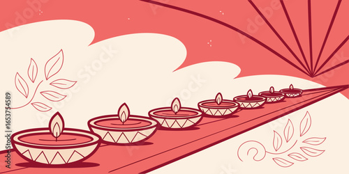 Radiant Diwali festival background with rows of diyas and dreamy Booker dark red backdrop.