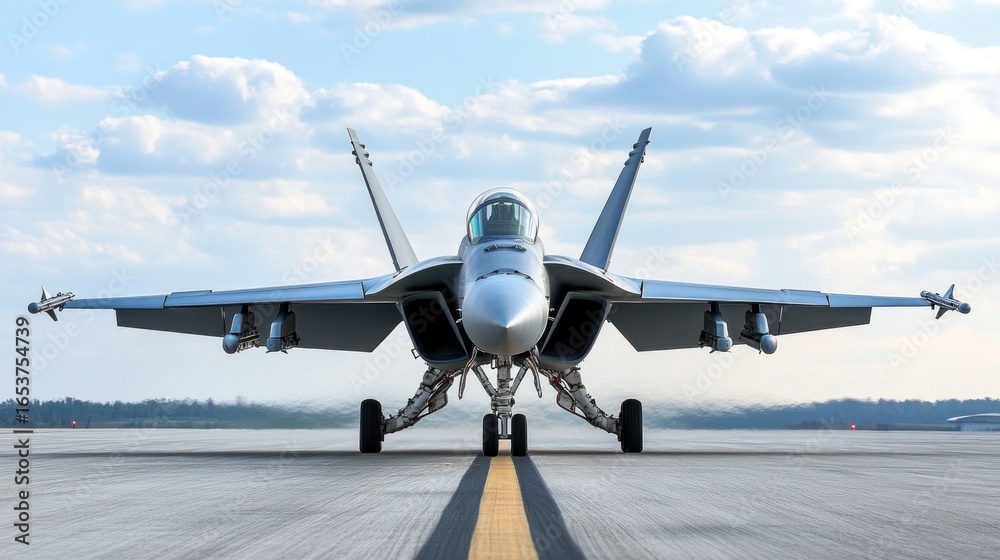 Fototapeta premium Fighter jet on runway under partly cloudy sky