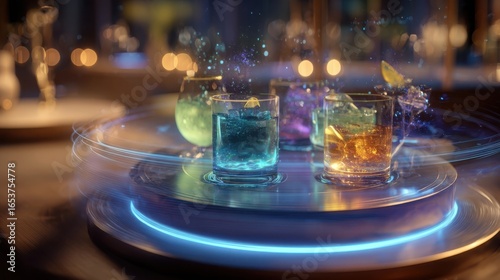 Vibrant colorful shots arranged on a rotating platform with soft bokeh lights