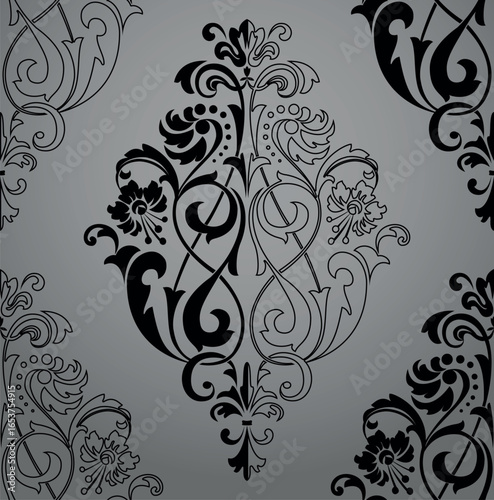 Wallpaper in the style of Baroque. Gray and black floral ornament. Seamless vector background. Graphic pattern for fabric, wallpaper, packaging. Ornate Damask flower illustration
