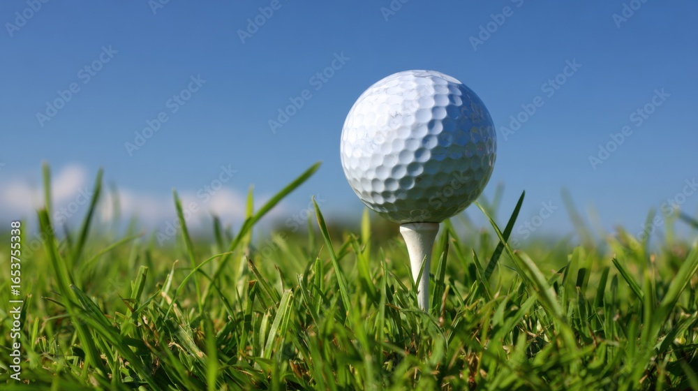 A pristine golf ball is placed on a white tee surrounded by vibrant green grass. The clear blue sky above showcases a beautiful day for playing golf. A pristine golf ball is placed on a white tee surrounded by vibrant green grass. The clear blue sky above showcases a beautiful day for playing golf.