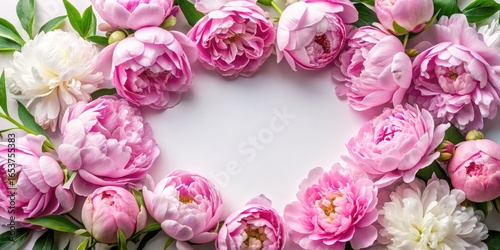 Fototapeta Naklejka Na Ścianę i Meble -  Pink peony blossoms in a top-down macro view, creating a stunning floral frame on a pure white backdrop.
